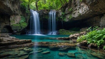 Naklejka premium Picturesque grotto with a waterfall and crystal-clear water surrounded by lush greenery