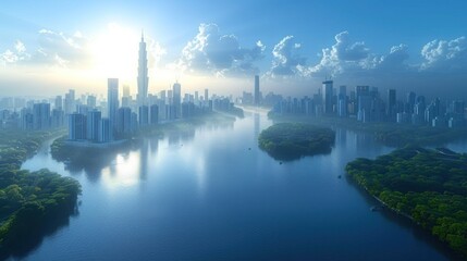 Fototapeta premium Skyline with skyscrapers and green cityscape