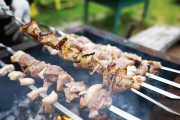 Delicious and juicy barbecue fried on coals in nature during a picnic. High quality photo