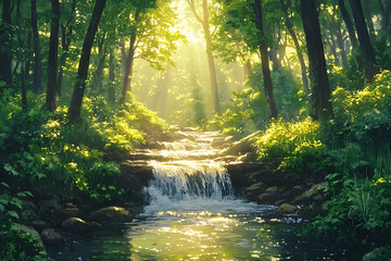 Fototapeta premium Forest Stream Surrounded by Greenery at Golden Hour, Natural Serenity