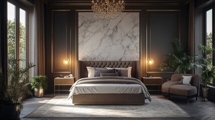 Elegant and Modern Bedroom Featuring a Luxurious Marble Wall with Soft Lighting and a Cozy Bed Creating a Tranquil and Inviting Atmosphere Perfect for Relaxation and Restful Sleep
