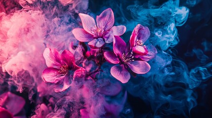 Vivid purple flowers surrounded by dreamy colorful smoke