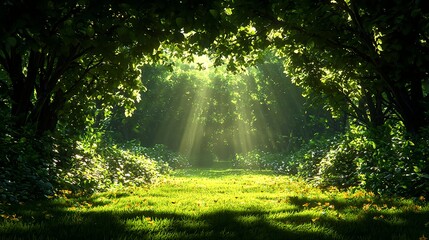 Fototapeta premium Lush Green Forest Path Illuminated by Sunlight Through Trees