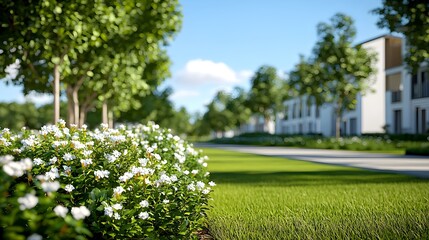 Fototapeta premium Lush Green Landscape with Flowers and Modern Buildings in Background