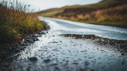 Fototapeta premium Wet country road reflecting the sky after rain