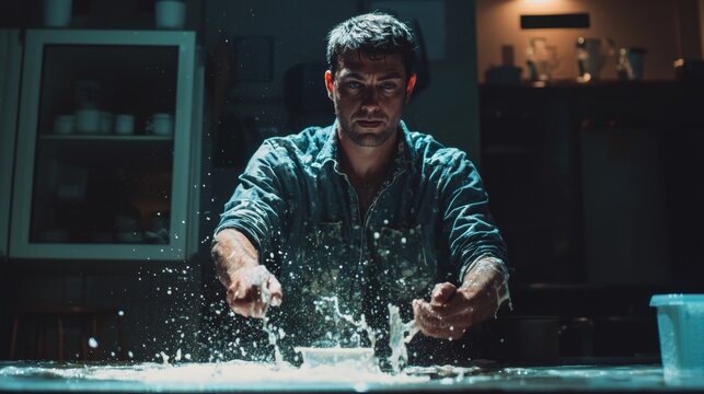 Chef dusting flour in a dramatic kitchen scene