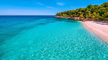 Fototapeta premium Turquoise Waters and Sandy Beach Amidst Lush Green Trees