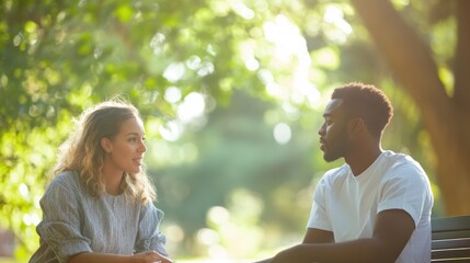 Two social workers are seated on a bench in a vibrant park, discussing support options with warmth and empathy. The atmosphere is relaxed, with sunlight filtering through the trees
