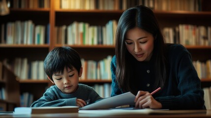 Social worker engages with a young child, assisting with educational materials in a cozy library filled with books. The caring interaction fosters learning and connection