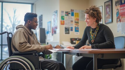 A social worker engages with a young client in a wheelchair, discussing important documents in a supportive environment at a community center in the afternoon