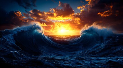 Majestic Sunset Over Turbulent Ocean Waves with Dramatic Clouds