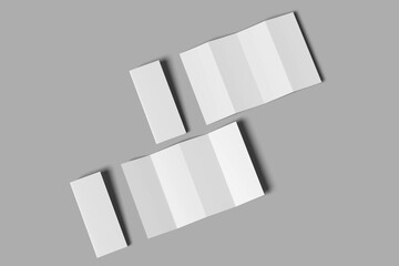 Vertical double gate fold brochure. Four panels, eight pages blank leaflet. Mock up on white background for presentation design. Folded, semi-folded, front and back side. 3d illustration.