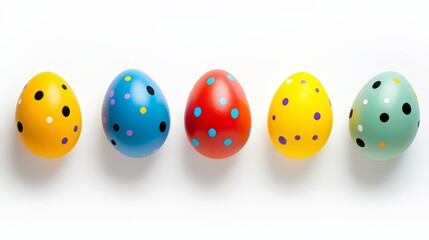 Row of painted eggs with polka dots. The eggs are in different colors and sizes. Concept of creativity and playfulness