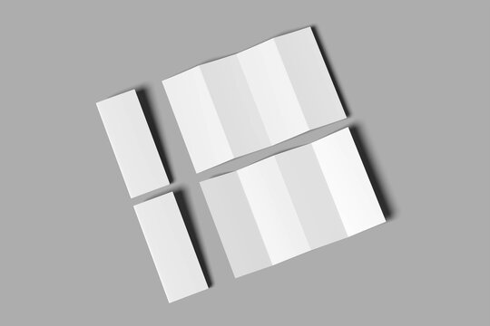 Vertical double gate fold brochure. Four panels, eight pages blank leaflet. Mock up on white background for presentation design. Folded, semi-folded, front and back side. 