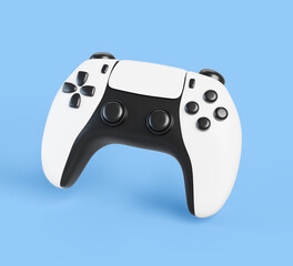 Video game console control joystick 3d render. Realistic remote wireless controller, white gamepad with black buttons isolated on blue background. Computer game hand electronic joypad. 3D illustration © marozhkastudio