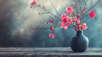 Minimalistic floral decor with cherry blossoms in a dark vase