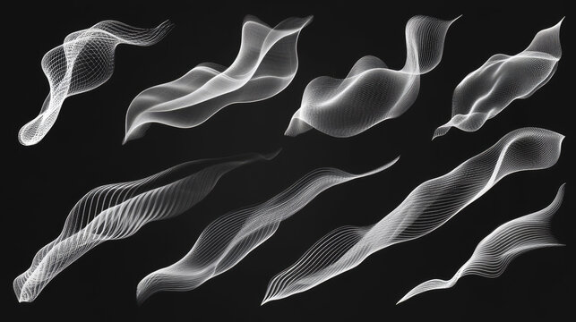 White smoke clouds, wind blow, spray, powder or water drop trails. Flow mist, smoky stream, aroma or toxic , chemtrail or rocket take off, steaming chemical haze. Realistic 3d vector isolated set