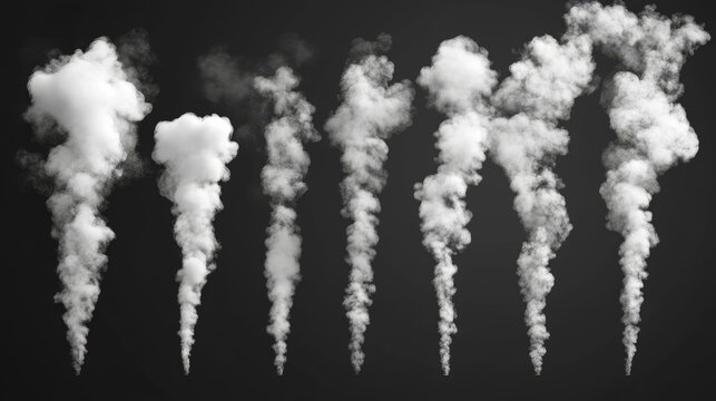 White smoke clouds, wind blow, spray, powder or water drop trails. Flow mist, smoky stream, aroma or toxic , chemtrail or rocket take off, steaming chemical haze. Realistic 3d vector isolated set