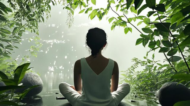 Meditative moment by a tranquil water body surrounded by lush greenery at dawn
