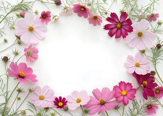 Fototapeta premium A beautiful cosmos arrangement, a decorative flower border, and blossoms on a white background