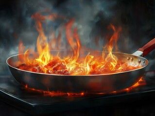 food cooking in a pan, intense flames, dark background, motion blur, culinary scene