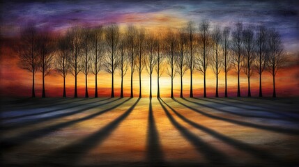 Fototapeta premium Sunset Silhouette Trees Long Shadows Landscape