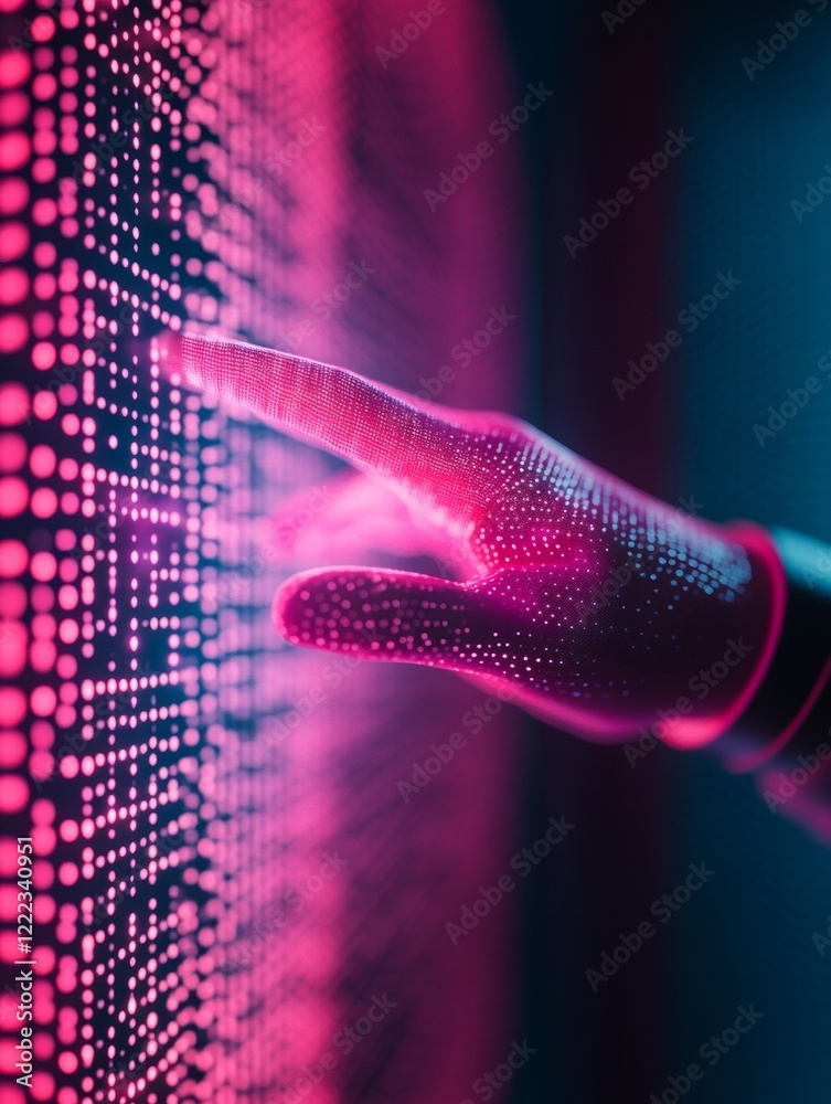 Poster Futuristic Neon VR Interface Holographic To-Do List and Interactive Glove for Collaborative Digital Avatars in Modern Tech and Marketing Innovation