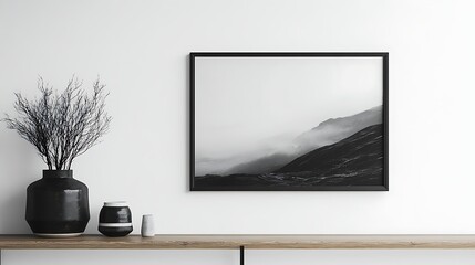 Fototapeta premium Minimalist arrangement featuring bench vase and empty wall frame in modern interiors