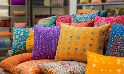 Vibrant Display of Chunri Cushions in Cozy Home Decor Setting with Multicolored Patterns and Textures for Cultural and Stylish Living Spaces, Generative AI