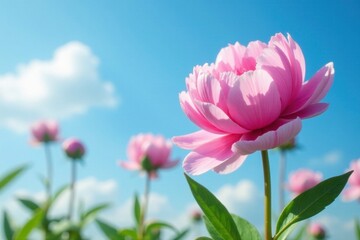 Obraz premium Pink peony flowers against a clear blue sky with clouds, flower, blossoms