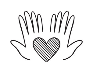 heart in palms of hands doodle hand drawn icon. Love Relationship concept outline drawing hands and heart line clipart symbol