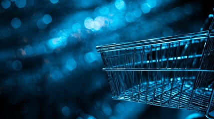 Shopping cart in abstract blue glowing bokeh background