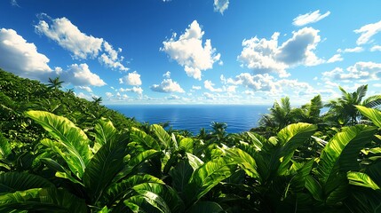 Lush Tropical Landscape with Vibrant Greenery and Blue Ocean View