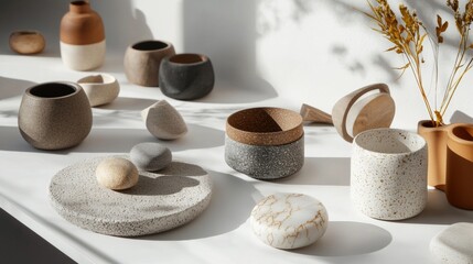 Minimalist stoneware and natural decor in bright sunlight
