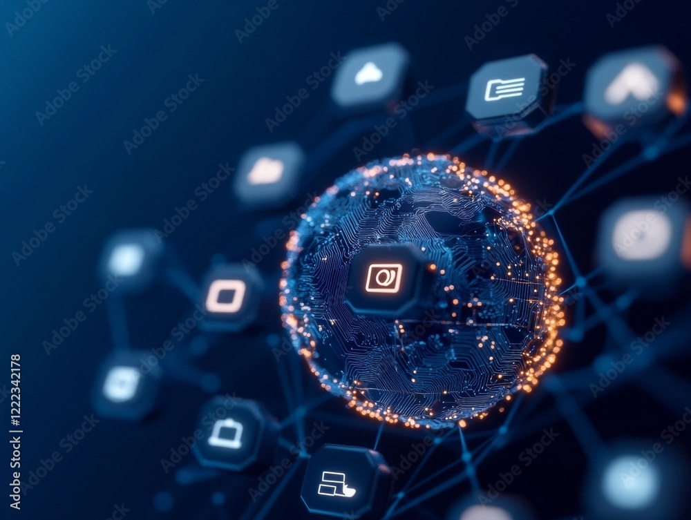 Aufkleber futuristic virtual coworking space holographic globe with digital icons in blue and silver - empower