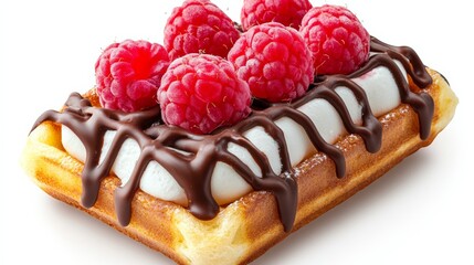 Chocolate covered waffle with raspberries on top. The waffle is covered in chocolate and has a raspberry topping