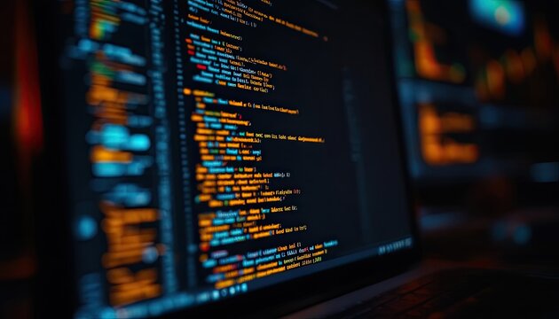 Computer programming code on a laptop screen in dark environment