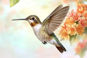 Fototapeta premium Vibrant Hummingbird in Flight Near Colorful Blossoms