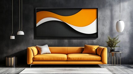 Minimalist home styling with vibrant yellow sofa and colorful abstract wall art decor