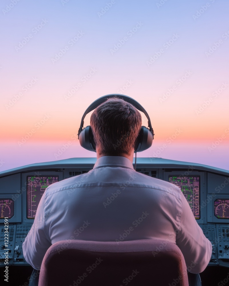 Poster tech-infused aviation workspace led radar screens in cockpit - streamlined air traffic monitoring fo
