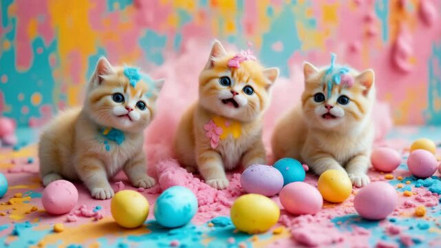 The kittens are wearing colorful collars and seem to be enjoying themselves