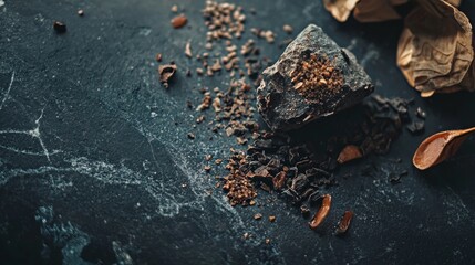 Coffee beans and spices on a dark textured background