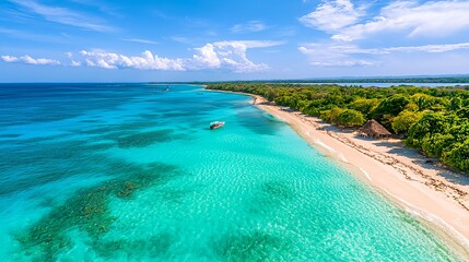 Fototapeta premium Serene Tropical Paradise with Clear Water and Sandy Beach View