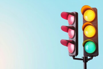 Traffic Light Against Bright Blue Sky Red, Yellow, Green Signals on Clear Day