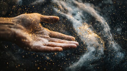 Fototapeta premium Hand releasing golden glitter particles into the air