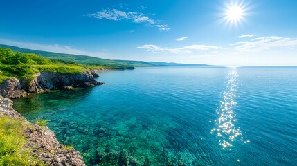 Fototapeta premium Serene Coastal Landscape with Clear Water and Bright Sunlight