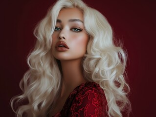 Fototapeta premium woman with long blonde hair, red dress, red background, dramatic lighting, intense expression