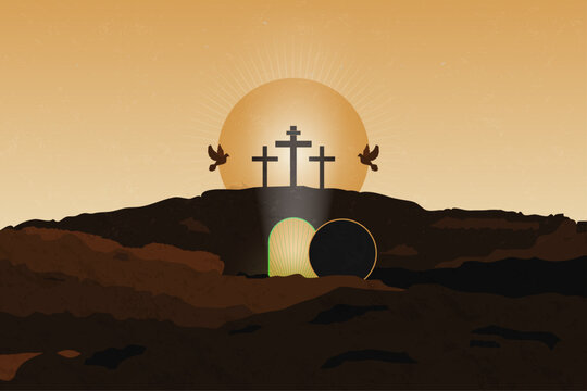 Illustration of the Holy Week, the crucifixion and resurrection of Jesus Christ. The empty tomb and the three crosses, the holy spirit. Easter Sunday and Good Friday depiction. Vector Illustration.