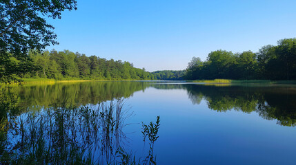 Fototapeta premium Serene lake reflecting clear blue sky and lush greenery, perfect for nature and relaxation themes