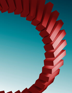 Red blocks arranged in a spiral formation against a gradient background